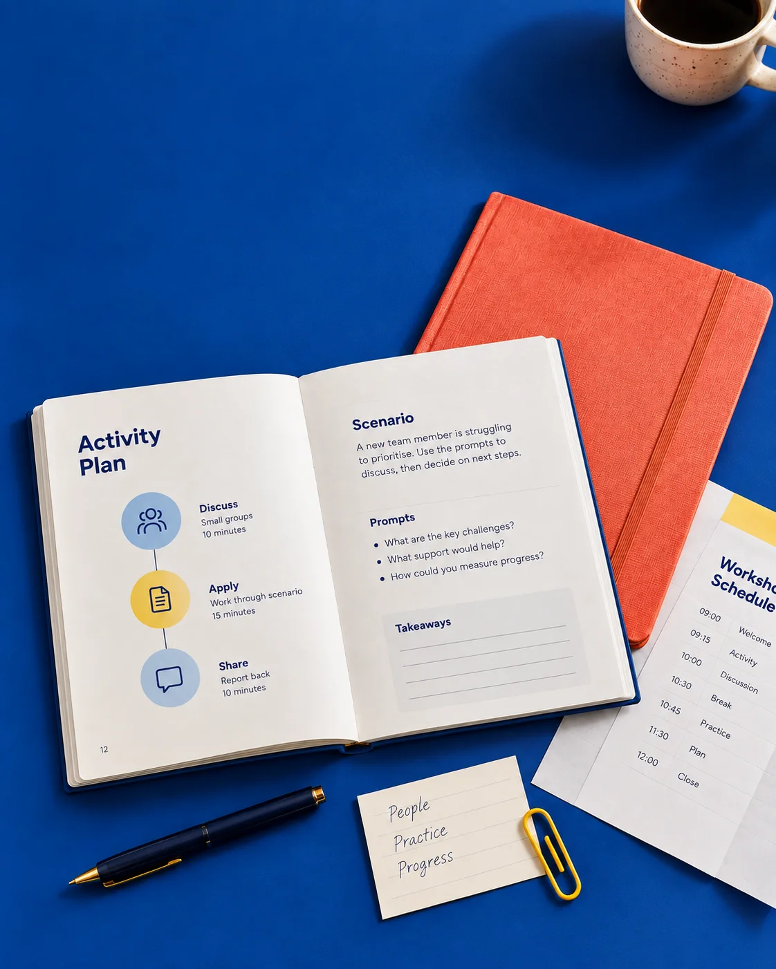 Workbook, facilitator notes and a workshop schedule on a cobalt desktop.